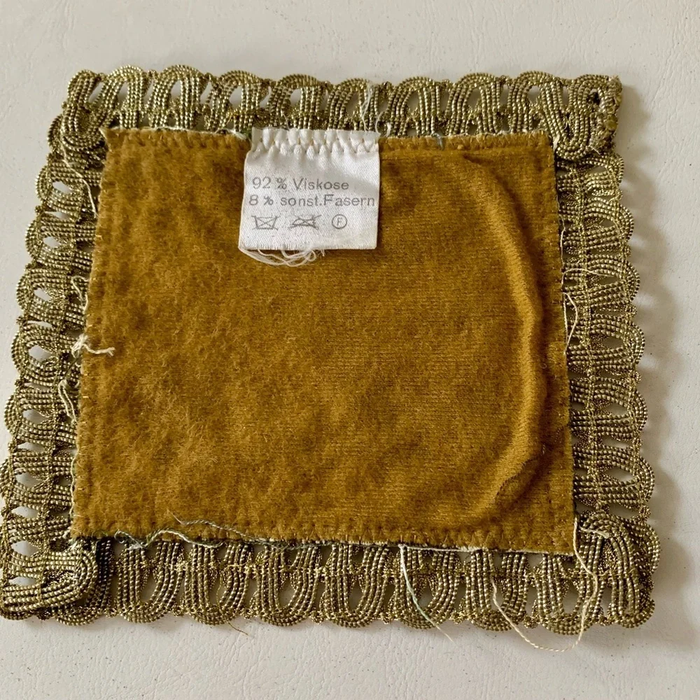 Antique square floral table doilies gold trim embroidered